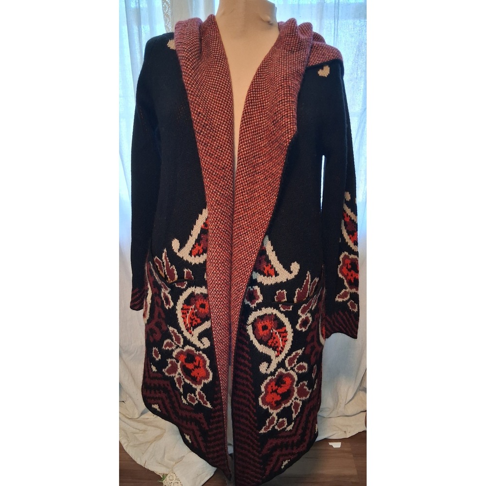 Maxsport Womens Black Red Paisley Intarsia Knit Hooded Longline Cardigan M
